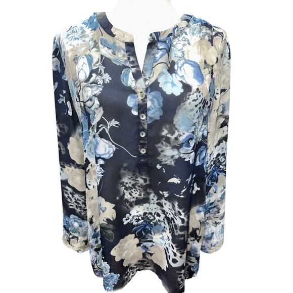 Soft Surroundings Danica Floral Tunic Top Blouse Blue 3/4 L Sheer Flowy Casual - Picture 1 of 7